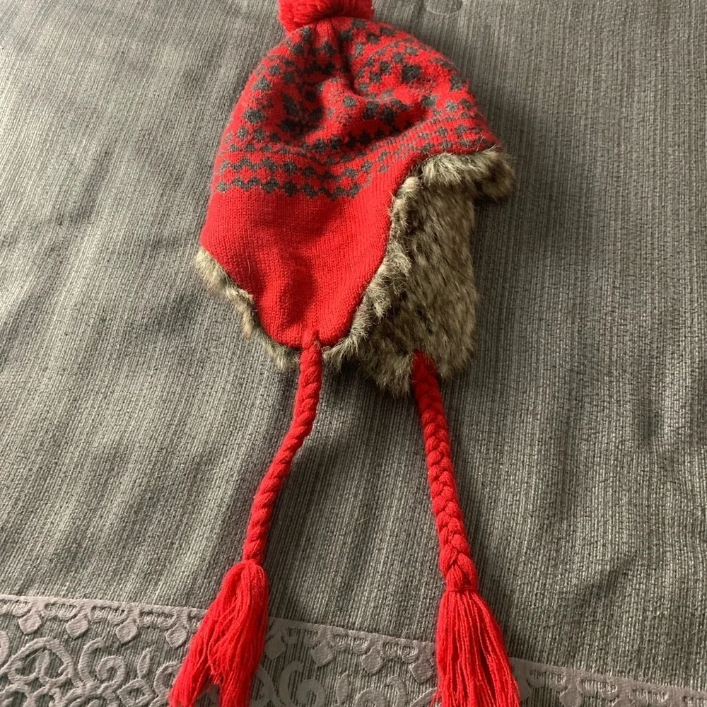 Vintage Faux Fur Christmas Snowflake Ski Winter Hat Red Grey